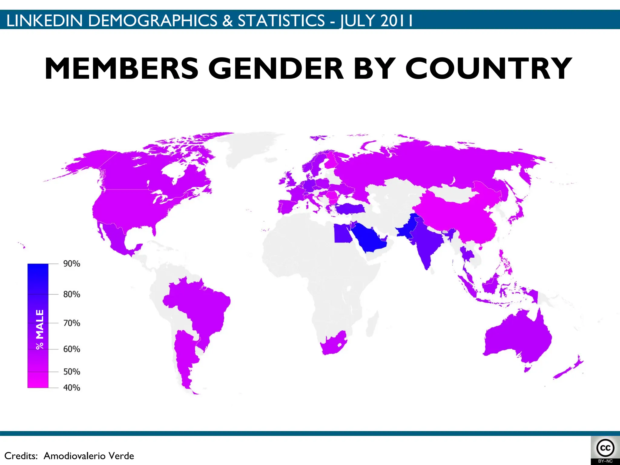 MEMBERS GENDER BY COUNTRY Credits:  Amodiovalerio Verde % MALE LINKEDIN DEMOGRAPHICS & STATISTICS - JULY 2011 