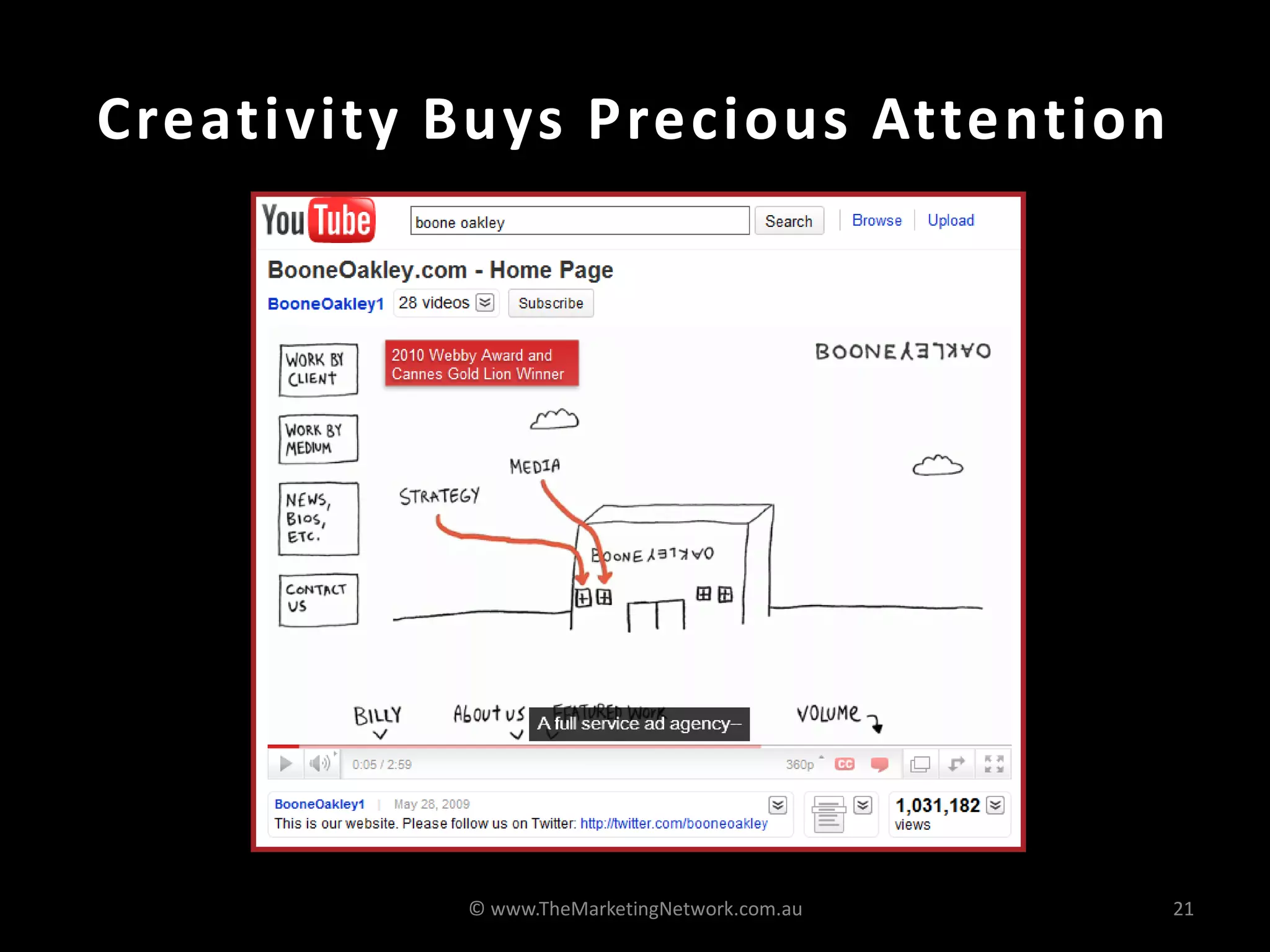 Creativity Buys Precious Attention




           © www.TheMarketingNetwork.com.au   21
 