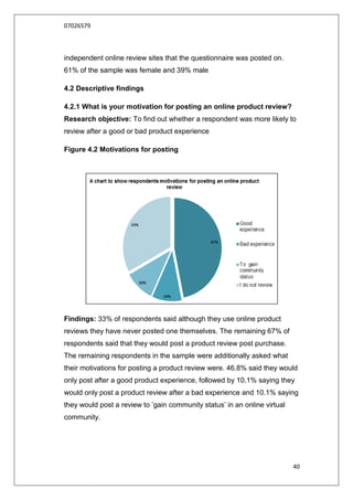 07026579



independent online review sites that the questionnaire was posted on.
61% of the sample was female and 39% male

4.2 Descriptive findings

4.2.1 What is your motivation for posting an online product review?
Research objective: To find out whether a respondent was more likely to
review after a good or bad product experience

Figure 4.2 Motivations for posting




Findings: 33% of respondents said although they use online product
reviews they have never posted one themselves. The remaining 67% of
respondents said that they would post a product review post purchase.
The remaining respondents in the sample were additionally asked what
their motivations for posting a product review were. 46.8% said they would
only post after a good product experience, followed by 10.1% saying they
would only post a product review after a bad experience and 10.1% saying
they would post a review to ‟gain community status‟ in an online virtual
community.




                                                                           40
 
