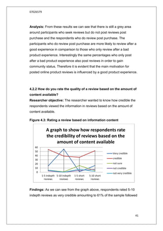 07026579



Analysis: From these results we can see that there is still a grey area
around participants who seek reviews but do not post reviews post
purchase and the respondents who do review post purchase. The
participants who do review post purchase are more likely to review after a
good experience in comparison to those who only review after a bad
product experience. Interestingly the same percentages who only post
after a bad product experience also post reviews in order to gain
community status. Therefore it is evident that the main motivation for
posted online product reviews is influenced by a good product experience.




4.2.2 How do you rate the quality of a review based on the amount of
content available?
Researcher objective: The researcher wanted to know how credible the
respondents viewed the information in reviews based on the amount of
content available.

Figure 4.3: Rating a review based on information content


           A graph to show how respondents rate
           the credibility of reviews based on the
                amount of content available
   60
   50
                                                            Very credible
   40
                                                            credible
   30
   20                                                       not sure
   10                                                       not credible
    0                                                       not very credible
        1-5 indepth 5-10 indepth   1-5 short   5-10 short
          reviews     reviews       reviews     reviews


Findings: As we can see from the graph above, respondents rated 5-10
indepth reviews as very credible amounting to 61% of the sample followed




                                                                                41
 