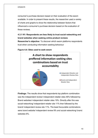 07026579



consumer‟s purchase decision based on their evaluation of the ewom
available. In order to present these results, the researcher used a variety
of charts and graphs to show the relationship between factors that
influenced a consumer‟s purchase decision based on the evaluation of
these reviews.

4.3.1 H1: Respondents are less likely to trust social networking and
brand websites when seeking online product reviews
Researcher’s objective: To discover which ewom platforms respondents
trust when conducting information seeking behaviour

Figure 4.4: Sites used to seek ewom

                A chart to show respondents
             preffered information seeking sites
                combinations based on trust
                        accountabilty
                         5%

                     8%                            Independent Retailer and
                                                   Independent Review Sites
                  11%         46%
                  11%                              Brand and Independent
                                                   Retailer Sites
                        19%




Findings: The results show that respondents top platform combination
was the independent review/ independent retailer sites 46% followed by
Brand websites/ independent retailer sites 19%. Directly after this was
social networking/ independent retailer site 11% then followed by the
brand/ independent review site 11%. The least favourable combinations
were brand website/ independent review 9% and social networking/ brand
websites 6%.




                                                                              43
 