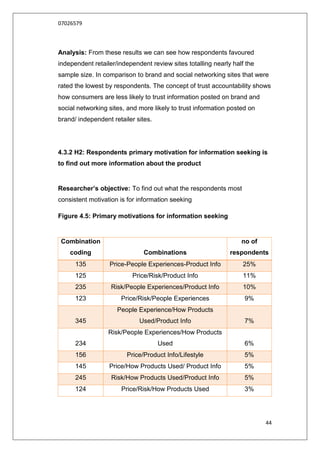 07026579



Analysis: From these results we can see how respondents favoured
independent retailer/independent review sites totalling nearly half the
sample size. In comparison to brand and social networking sites that were
rated the lowest by respondents. The concept of trust accountability shows
how consumers are less likely to trust information posted on brand and
social networking sites, and more likely to trust information posted on
brand/ independent retailer sites.




4.3.2 H2: Respondents primary motivation for information seeking is
to find out more information about the product


Researcher’s objective: To find out what the respondents most
consistent motivation is for information seeking

Figure 4.5: Primary motivations for information seeking


 Combination                                                      no of
    coding                     Combinations                   respondents
      135         Price-People Experiences-Product Info           25%
      125                 Price/Risk/Product Info                 11%
      235          Risk/People Experiences/Product Info           10%
      123             Price/Risk/People Experiences                9%
                     People Experience/How Products
      345                    Used/Product Info                     7%
                  Risk/People Experiences/How Products
      234                            Used                          6%
      156               Price/Product Info/Lifestyle               5%
      145         Price/How Products Used/ Product Info            5%
      245          Risk/How Products Used/Product Info             5%
      124             Price/Risk/How Products Used                 3%




                                                                          44
 