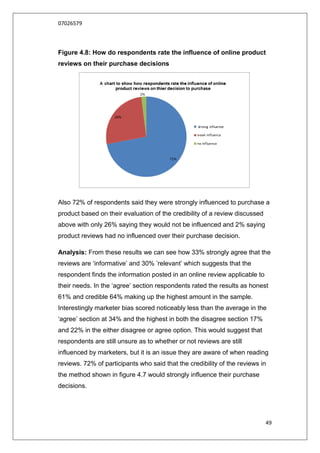 07026579



Figure 4.8: How do respondents rate the influence of online product
reviews on their purchase decisions




Also 72% of respondents said they were strongly influenced to purchase a
product based on their evaluation of the credibility of a review discussed
above with only 26% saying they would not be influenced and 2% saying
product reviews had no influenced over their purchase decision.

Analysis: From these results we can see how 33% strongly agree that the
reviews are „informative‟ and 30% ‟relevant‟ which suggests that the
respondent finds the information posted in an online review applicable to
their needs. In the „agree‟ section respondents rated the results as honest
61% and credible 64% making up the highest amount in the sample.
Interestingly marketer bias scored noticeably less than the average in the
„agree‟ section at 34% and the highest in both the disagree section 17%
and 22% in the either disagree or agree option. This would suggest that
respondents are still unsure as to whether or not reviews are still
influenced by marketers, but it is an issue they are aware of when reading
reviews. 72% of participants who said that the credibility of the reviews in
the method shown in figure 4.7 would strongly influence their purchase
decisions.




                                                                             49
 
