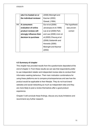 07026579




     site it is hosted on or      (2006) Mcknight and
     the individual reviewer      Kacmar (2002)
                                  Grewal, (1994)
H4   A consumers                  Sun et al (2006)            The hypothesis
     evaluation of online         Jarvanpaa et al (1999)        was proven
     product reviews will         Lee et al (2008) Park            correct
     strongly influence their     and Lee (2008) Litvin et
     decision to purchase         al (2005) Cheung et al
                                  (2008) Goldsmith and
                                  Horowitz (2006)
                                  Mcknight and Kacmar
                                  (2002)




4.5 Summary of chapter
This chapter has provided results from the questionnaire deposited at the
end of chapter 3. From these results we can see that respondents prefer
to use independent retailer and independent review sites to conduct their
information seeking behaviour. Their main motivation combinations for
using these platforms are to compare price/experiences and see how the
product would be applicable to their lifestyle. They do not trust brand
websites and social networking as much as independent sites and they
are more likely to post a review themselves after a good product
experience.

Chapter 5 will conclude these findings, discuss any study limitations and
recommend any further research.




                                                                             51
 