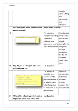 07026579


                                                                       valuable
                                                                       when fulfilling
                                                                       the
                                                                       hypotheses
                                                                       and
                                                                       objectives
     Which particular online product review   Open- ended Question
     site did you use?
19                                            The researcher           Question was
                                              thought it interesting   removed due
                                              to see what              to question 6
                                              individual sites         already
                                              respondents used to asking for site
                                              make their decisions categories
                                                                       and the
                                                                       researcher
                                                                       felt it didn‟t
                                                                       add much
                                                                       value to the
                                                                       study
20   Why did you use this particular online   List Question
     product review site?
                                              The researcher           Question
                                              wanted to know           removed due
                                              whether or not a         to its follow
                                              purchase decision in on of the
                                              an area of product       previous
                                              unfamiliarity could      question that
                                              be persuaded by an       was removed
                                              online review


21   Which of the following product sectors List Question
     do you feel would need clarity from


                                                                                        83
 