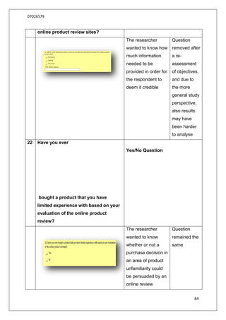07026579


     online product review sites?
                                             The researcher          Question
                                             wanted to know how removed after
                                             much information        a re-
                                             needed to be            assessment
                                             provided in order for   of objectives,
                                             the respondent to       and due to
                                             deem it credible        the more
                                                                     general study
                                                                     perspective,
                                                                     also results
                                                                     may have
                                                                     been harder
                                                                     to analyse
22   Have you ever
                                             Yes/No Question




     bought a product that you have
     limited experience with based on your
     evaluation of the online product
     review?
                                             The researcher          Question
                                             wanted to know          remained the
                                             whether or not a        same
                                             purchase decision in
                                             an area of product
                                             unfamiliarity could
                                             be persuaded by an
                                             online review


                                                                                  84
 