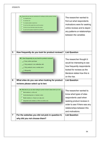 07026579




                                                       The researcher wanted to
                                                       find out what respondents
                                                       motivations were for seeking
                                                       online reviews and to depict
                                                       any patterns or relationships
                                                       between the variables




5   How frequently do you look for product reviews? List Question


                                                       The researcher thought it
                                                       would be interesting to see
                                                       how frequently respondents
                                                       looked for reviews as the
                                                       literature states how this is
                                                       on the rise.
6   What sites do you use when looking for product     List Question
    reviews please select up to two


                                                       The researcher wanted to
                                                       know what types of sites
                                                       respondents used when
                                                       seeking product reviews in
                                                       order to see if there was any
                                                       relationships between this
                                                       and motivations
7   For the websites you did not pick in question 6,   List Question
    why did you not choose them?




                                                                                94
 