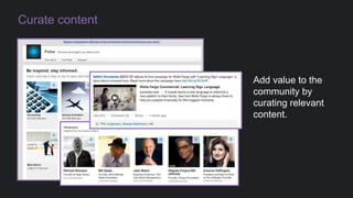 Create content, sharing updates
COMPANY UPDATES
(SPONSORED & ORGANIC)
INDIVIDUAL UPDATES
 