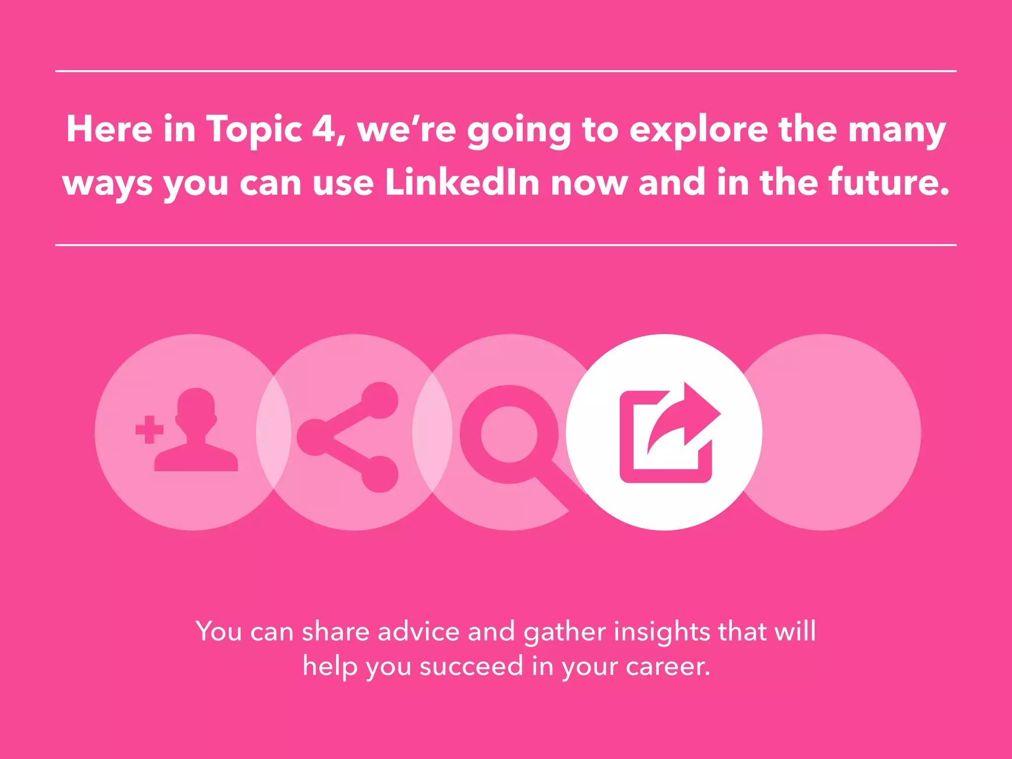 Here in Topic 4, we’re going to explore the many
ways you can use LinkedIn now and in the future.
You can share advice and gather insights that will
help you succeed in your career.
 
