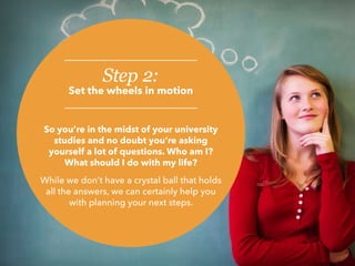 So you’re in the midst of your university
studies and no doubt you’re asking
yourself a lot of questions. Who am I?
What should I do with my life?
While we don’t have a crystal ball that holds
all the answers, we can certainly help you
with planning your next steps.
Step 2:
Set the wheels in motion
 