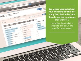 See where graduates from
your university and field of
study live, the kind of jobs
they do and the companies
they work for.
LinkedIn’s data makes it
simple to drill down into
specific career areas.
 
