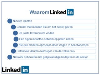 Nieuwe klanten

  Contact met mensen die om het bedrijf geven

    De juiste leveranciers vinden

    Een eigen industrie-netwerk op poten zetten

    Nieuwe markten opzoeken door vragen te beantwoorden

  Potentiële klanten overtuigen van de vakkennis

Netwerk opbouwen met gelijkwaardige bedrijven in de sector
 