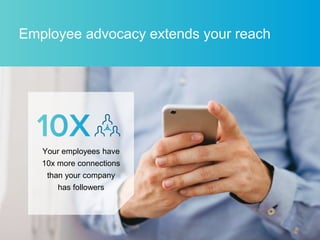 8
Employee advocacy extends your reach
Your employees have
10x more connections
than your company
has followers
 
