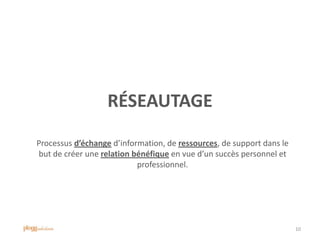 RÉSEAUTAGE
Processus d’échange d’information, de ressources, de support dans le
but de créer une relation bénéfique en vue d’un succès personnel et
professionnel.
10
 