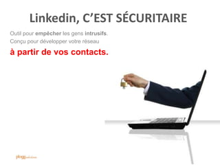 Linkedin, C’EST SÉCURITAIRE
Outil pour empêcher les gens intrusifs.
Conçu pour développer votre réseau
à partir de vos contacts.
 