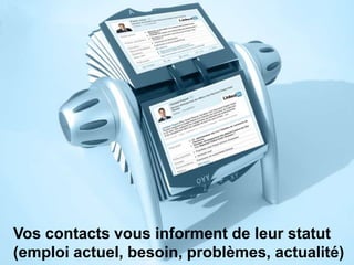 Maintenir et rechercher des contacts
• Éviter de perdre les cartes d’affaires de vos
rencontres
• Rechercher rapidement dans vos contacts
(poste, entreprise, sujet, expérience)
• Rolodex interactif (éviter de perdre vos
contacts)
• Vos contacts vous informent de leurs
mouvements (changement d’emploi, nouveau
poste)
Éviter de perdre
les cartes
d’affaires de vos
rencontres
Vos contacts vous informent de leur statut
(emploi actuel, besoin, problèmes, actualité)22
 