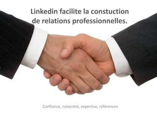 Linkedin facilite la constuction
de relations professionnelles.
Confiance, notoriété, expertise, références
 
