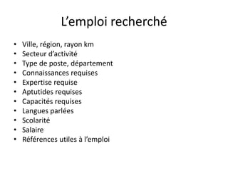 L’emploi recherché
• Ville, région, rayon km
• Secteur d’activité
• Type de poste, département
• Connaissances requises
• Expertise requise
• Aptutides requises
• Capacités requises
• Langues parlées
• Scolarité
• Salaire
• Références utiles à l’emploi
 