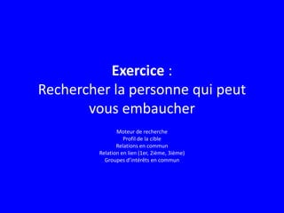 Exercice :
Rechercher la personne qui peut
vous embaucher
Moteur de recherche
Profil de la cible
Relations en commun
Relation en lien (1er, 2ième, 3ième)
Groupes d’intérêts en commun
 