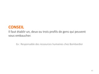 CONSEIL
Il faut établir un, deux ou trois profils de gens qui peuvent
vous embaucher.
Ex : Responsable des ressources humaines chez Bombardier
67
 