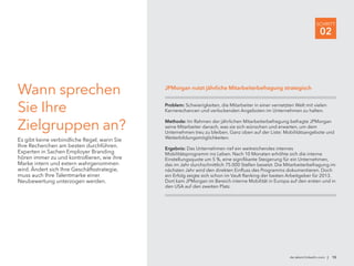 de.talent.linkedin.com | 15
SCHRITT
02
Wann sprechen
Sie Ihre
Zielgruppen an?
Es gibt keine verbindliche Regel, wann Sie
Ihre Recherchen am besten durchführen.
Experten in Sachen Employer Branding
hören immer zu und kontrollieren, wie ihre
Marke intern und extern wahrgenommen
wird. Ändert sich Ihre Geschäftsstrategie,
muss auch Ihre Talentmarke einer
Neubewertung unterzogen werden.
Problem: Schwierigkeiten, die Mitarbeiter in einer vernetzten Welt mit vielen
Karrierechancen und verlockenden Angeboten im Unternehmen zu halten.
Methode: Im Rahmen der jährlichen Mitarbeiterbefragung befragte JPMorgan
seine Mitarbeiter danach, was sie sich wünschen und erwarten, um dem
Unternehmen treu zu bleiben. Ganz oben auf der Liste: Mobilitätsangebote und
Weiterbildungsmöglichkeiten.
Ergebnis: Das Unternehmen rief ein weitreichendes internes
Mobilitätsprogramm ins Leben. Nach 10 Monaten erhöhte sich die interne
Einstellungsquote um 5 %, eine signifikante Steigerung für ein Unternehmen,
das im Jahr durchschnittlich 75.000 Stellen besetzt. Die Mitarbeiterbefragung im
nächsten Jahr wird den direkten Einfluss des Programms dokumentieren. Doch
ein Erfolg zeigte sich schon im Vault Ranking der besten Arbeitgeber für 2013.
Dort kam JPMorgan im Bereich interne Mobilität in Europa auf den ersten und in
den USA auf den zweiten Platz.
JPMorgan nutzt jährliche Mitarbeiterbefragung strategisch
 