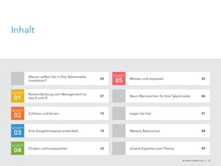 de.talent.linkedin.com | 2
Inhalt
Warum sollten Sie in Ihre Talentmarke
investieren?
Weitere Ressourcen
SCHRITT
02
SCHRITT
0504 Messen und anpassen
Legen Sie los!
Neun Warnzeichen für Ihre Talentmarke
42
46
47
48
Fördern und austauschen
Zuhören und lernen
Rückendeckung vom Management ist
das A und O
07
10
Eine Vorgehensweise entwickeln
SCHRITT
03 18
SCHRITT
01
SCHRITT
04 22 Unsere Experten zum Thema 49
 