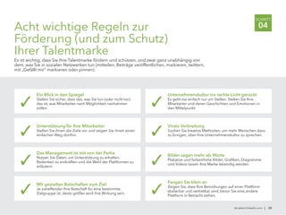 de.talent.linkedin.com | 23
SCHRITT
04Acht wichtige Regeln zur
Förderung (und zum Schutz)
Ihrer Talentmarke
Es ist wichtig, dass Sie Ihre Talentmarke fördern und schützen, und zwar ganz unabhängig von
dem, was Sie in sozialen Netzwerken tun (mitteilen, Beiträge veröffentlichen, markieren, twittern,
mit „Gefällt mir“ markieren oder pinnen).
Ein Blick in den Spiegel
Stellen Sie sicher, dass das, was Sie tun (oder nicht tun)
das ist, was Mitarbeiter nach Möglichkeit nachahmen
sollen.
✓
Unterstützung für Ihre Mitarbeiter
Stellen Sie ihnen die Ziele vor und zeigen Sie ihnen einen
einfachen Weg dorthin.✓
Das Management ist mit von der Partie
Nutzen Sie Daten, um Unterstützung zu erhalten,
Bedenken zu entkräften und die Wahl der Plattformen zu
erläutern.
✓
Mit gezielten Botschaften zum Ziel
Je zutreffender Ihre Botschaft für eine bestimmte
Zielgruppe ist, desto größer wird ihre Wirkung sein.✓
Unternehmenskultur ins rechte Licht gerückt
Es geht nie einfach nur um Stellen. Stellen Sie Ihre
Mitarbeiter und deren Geschichten und Emotionen in
den Mittelpunkt.
✓
Virale Verbreitung
Suchen Sie kreative Methoden, um mehr Menschen dazu
zu bringen, über Ihre Unternehmenskultur zu sprechen.✓
Bilder sagen mehr als Worte
Plakative und farbenfrohe Bilder, Grafiken, Diagramme
und Videos lassen Ihre Marke lebendig werden.✓
Fangen Sie klein an
Zeigen Sie, dass Ihre Bemühungen auf einer Plattform
skalierbar und vertretbar sind, bevor Sie eine andere
Plattform in Betracht ziehen.
✓
 