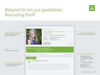 Beispiel für ein gut gestaltetes
Recruiting-Profil
Webseiten
de.talent.linkedin.com | 26
SCHRITT
04
Stacy Takeuchi
Director of Talent Acquisition bei Universal
Technical Institute
277
Kontakte
ZUSAMMENFASSUNG
Hier am UTI wollen wir das Leben unserer Studenten verändern. Wir wollen ihnen
helfen, ihren Traumjob zu finden. Das ist unser Anspruch und der Grund, warum wir
jeden Tag zur Arbeit kommen. Die Arbeit am UTI ist anspruchsvoll und bringt immer
wieder Neues mit sich. Aber am UTI haben wir die Möglichkeit, das Leben anderer
Menschen und auch unser eigenes Berufsleben wirklich zu verändern.
HINTERGRUND
Vernetzen
www.linkedin.com/stacytakeuchi/ Kontaktdaten
Wir suchen neue Mitarbeiter! »
YouTube Kanal „Karriere beim UTI“ »
Ein Blick in unsere Zentrale »
Links
zu Zielwebseiten der Marke
Überzeugende Zusammenfassung
In der ersten Person geschrieben
und voller Leidenschaft
Ansprechendes, einladendes Bild
Wer möchte nicht mit Stacy
zusammenarbeiten?
Aussagekräftiger Profil-Slogan
der mehr als nur die Position nennt
Was uns sonst noch gefällt:
•	 Wichtige Kenntnisse
und Fähigkeiten, die von
Ihrem Netzwerk bestätigt
wurden
•	 Ehrenamtliche Tätigkeiten
•	 Ausreichend frühere
Positionen, um
glaubwürdig zu wirken
 