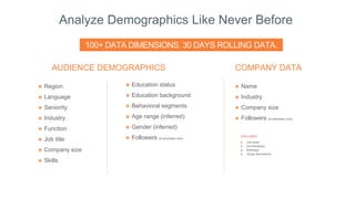 AUDIENCE DEMOGRAPHICS
๏ Region
๏ Language
๏ Seniority
๏ Industry
๏ Function
๏ Job title
๏ Company size
๏ Skills
COMPANY DATA
๏ Name
๏ Industry
๏ Company size
๏ Followers (of advertiser only)
Analyze Demographics Like Never Before
๏ Job posts
๏ Anniversaries
๏ Birthdays
๏ Group discussions
EXCLUDED
๏ Education status
๏ Education background
๏ Behavioral segments
๏ Age range (inferred)
๏ Gender (inferred)
๏ Followers (of advertiser only)
100+ DATA DIMENSIONS. 30 DAYS ROLLING DATA.
 