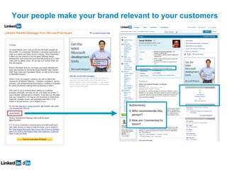 Your people make your brand relevant to your customers




                              Authenticity:
                              1.Who recommends this
                                person?
                              2.How am I connected to
                                them?
 