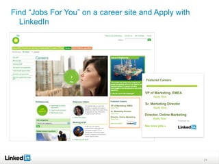 Find “Jobs For You” on a career site and Apply with
  LinkedIn




                                      Featured Careers



                                      VP of Marketing, EMEA
                                            Apply Now

                                      Sr. Marketing Director
                                            Apply Now

                                      Director, Online Marketing
                                           Apply Now
                                                          Powered by

                                      See more jobs »




                                                                       25
 