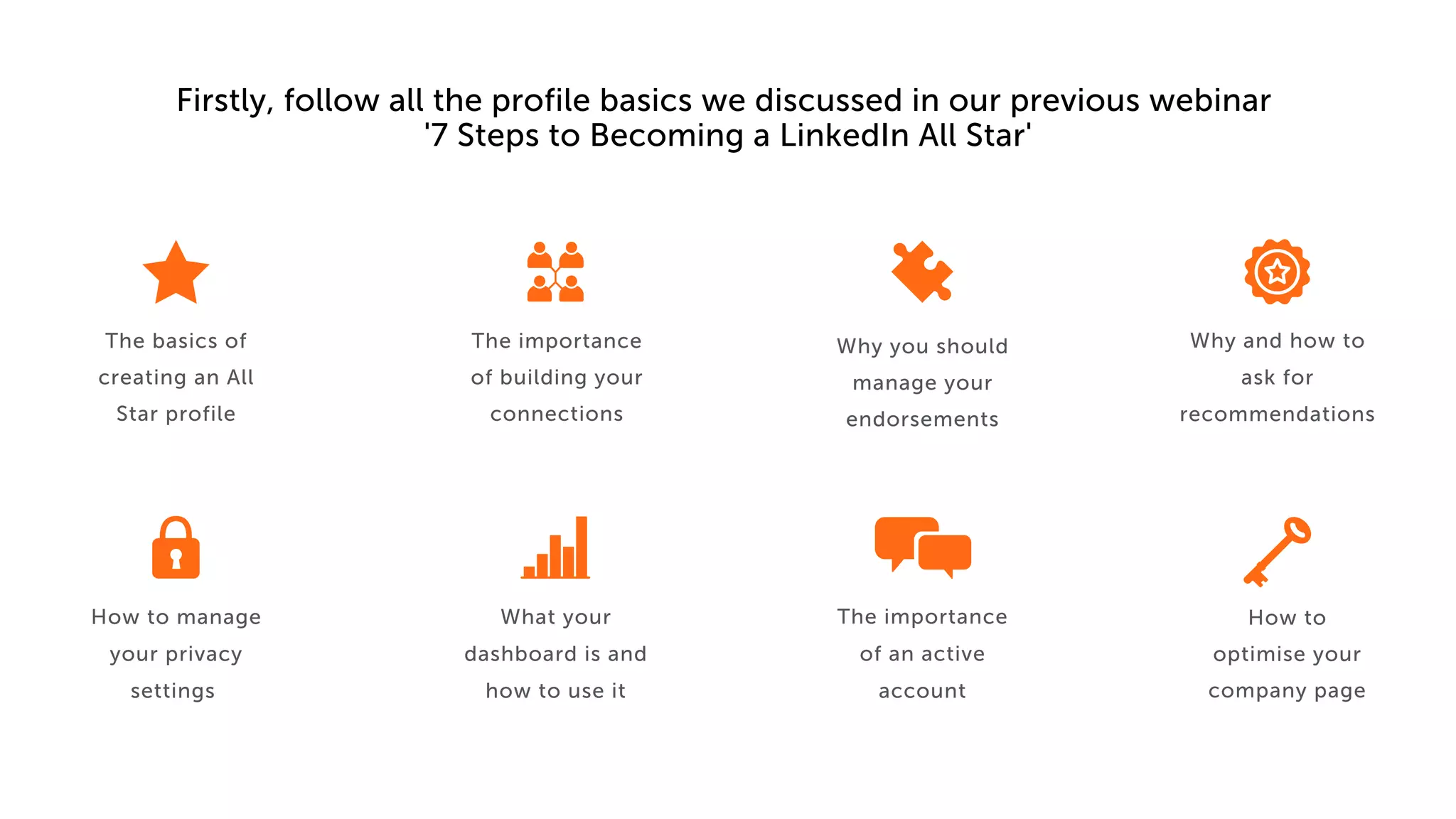 Firstly, follow all the profile basics we discussed in our previous webinar
'7 Steps to Becoming a LinkedIn All Star'
Why and how to
ask for
recommendations
How to manage
your privacy
settings
What your
dashboard is and
how to use it
The importance
of an active
account
The basics of
creating an All
Star profile
How to
optimise your
company page
The importance
of building your
connections
Why you should
manage your
endorsements
 