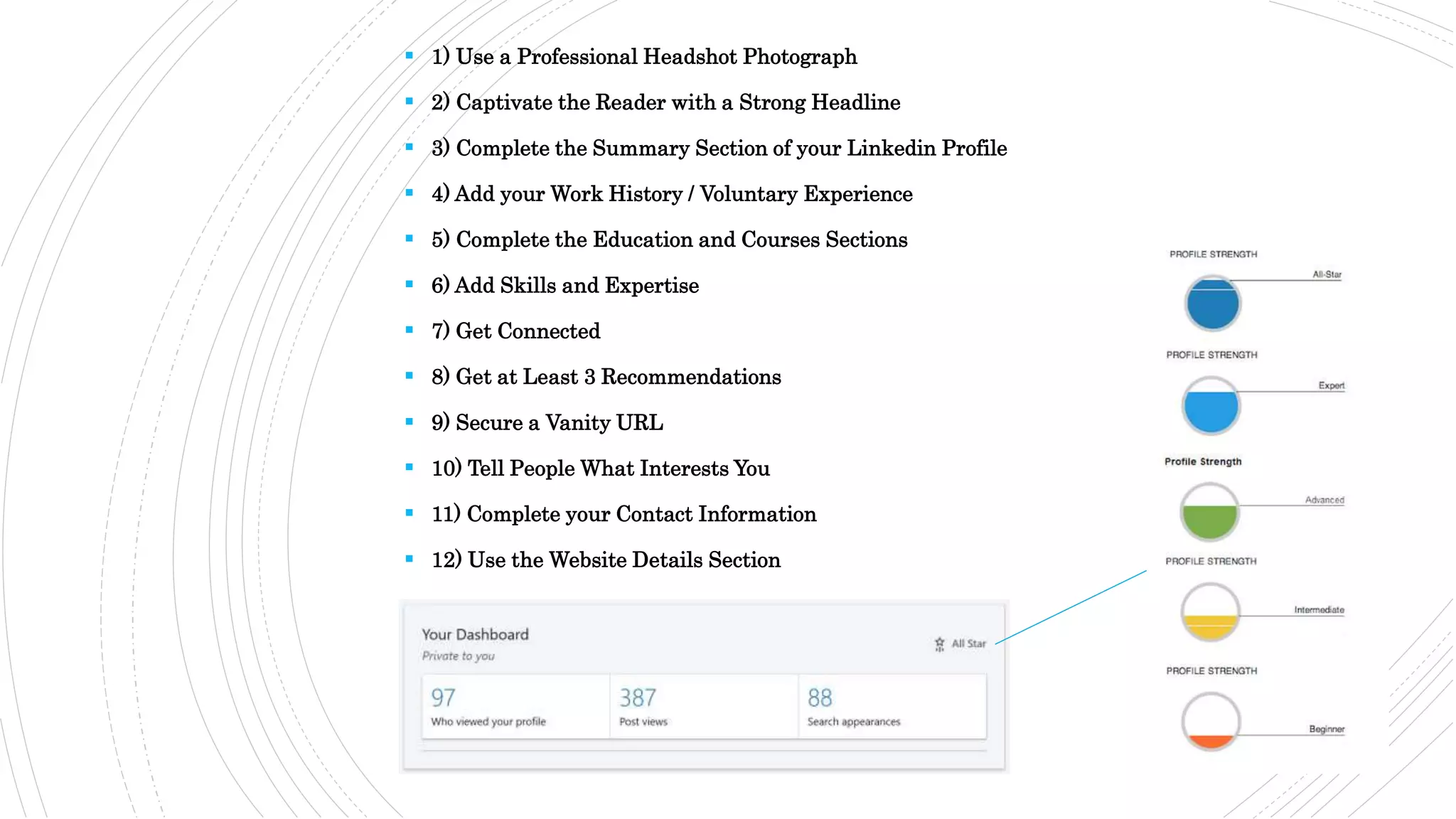  1) Use a Professional Headshot Photograph
 2) Captivate the Reader with a Strong Headline
 3) Complete the Summary Section of your Linkedin Profile
 4) Add your Work History / Voluntary Experience
 5) Complete the Education and Courses Sections
 6) Add Skills and Expertise
 7) Get Connected
 8) Get at Least 3 Recommendations
 9) Secure a Vanity URL
 10) Tell People What Interests You
 11) Complete your Contact Information
 12) Use the Website Details Section
 