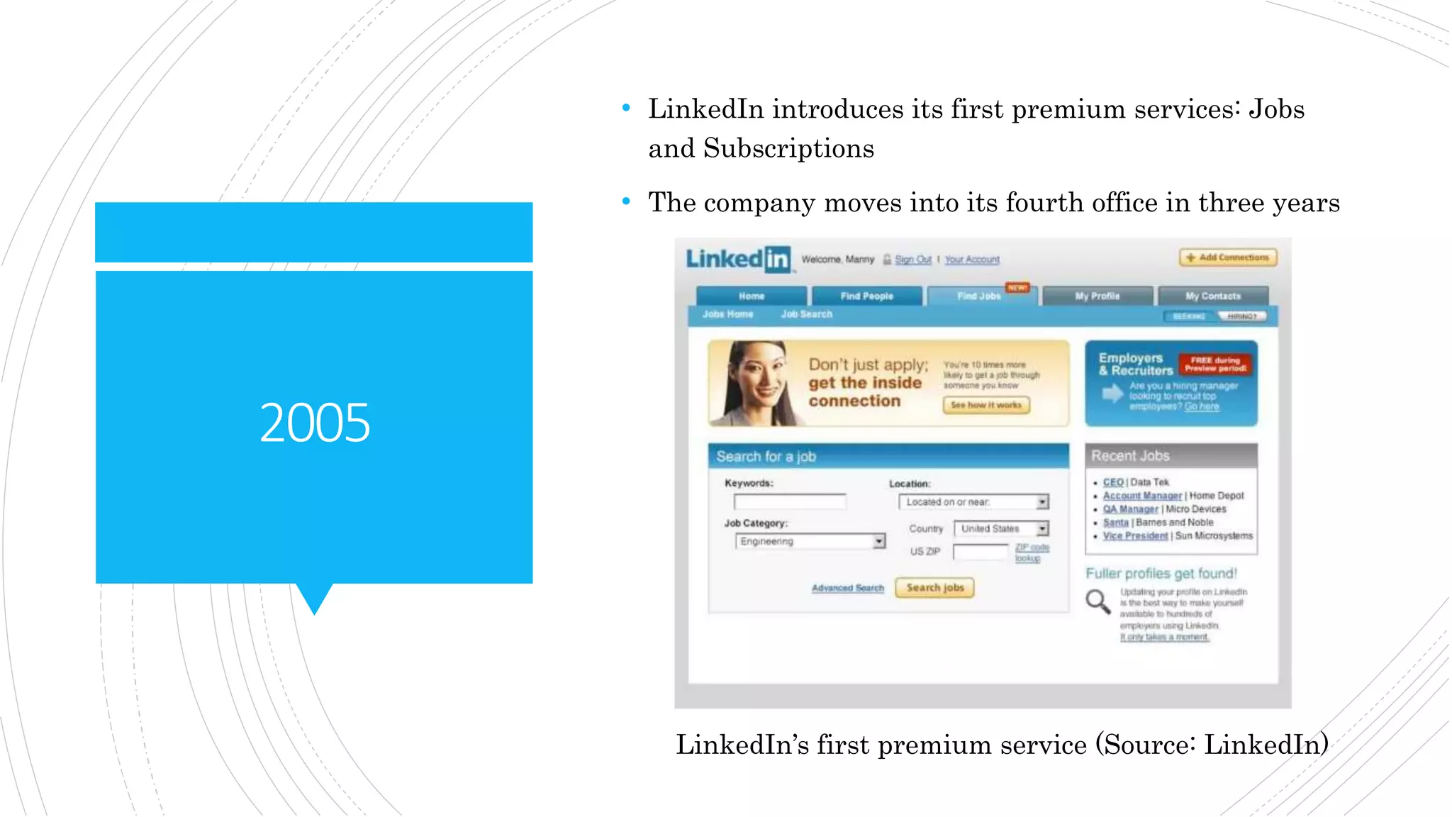 2005
• LinkedIn introduces its first premium services: Jobs
and Subscriptions
• The company moves into its fourth office in three years
LinkedIn’s first premium service (Source: LinkedIn)
 