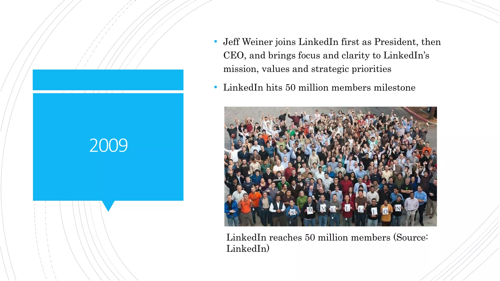 2009
• Jeff Weiner joins LinkedIn first as President, then
CEO, and brings focus and clarity to LinkedIn’s
mission, values and strategic priorities
• LinkedIn hits 50 million members milestone
LinkedIn reaches 50 million members (Source:
LinkedIn)
 