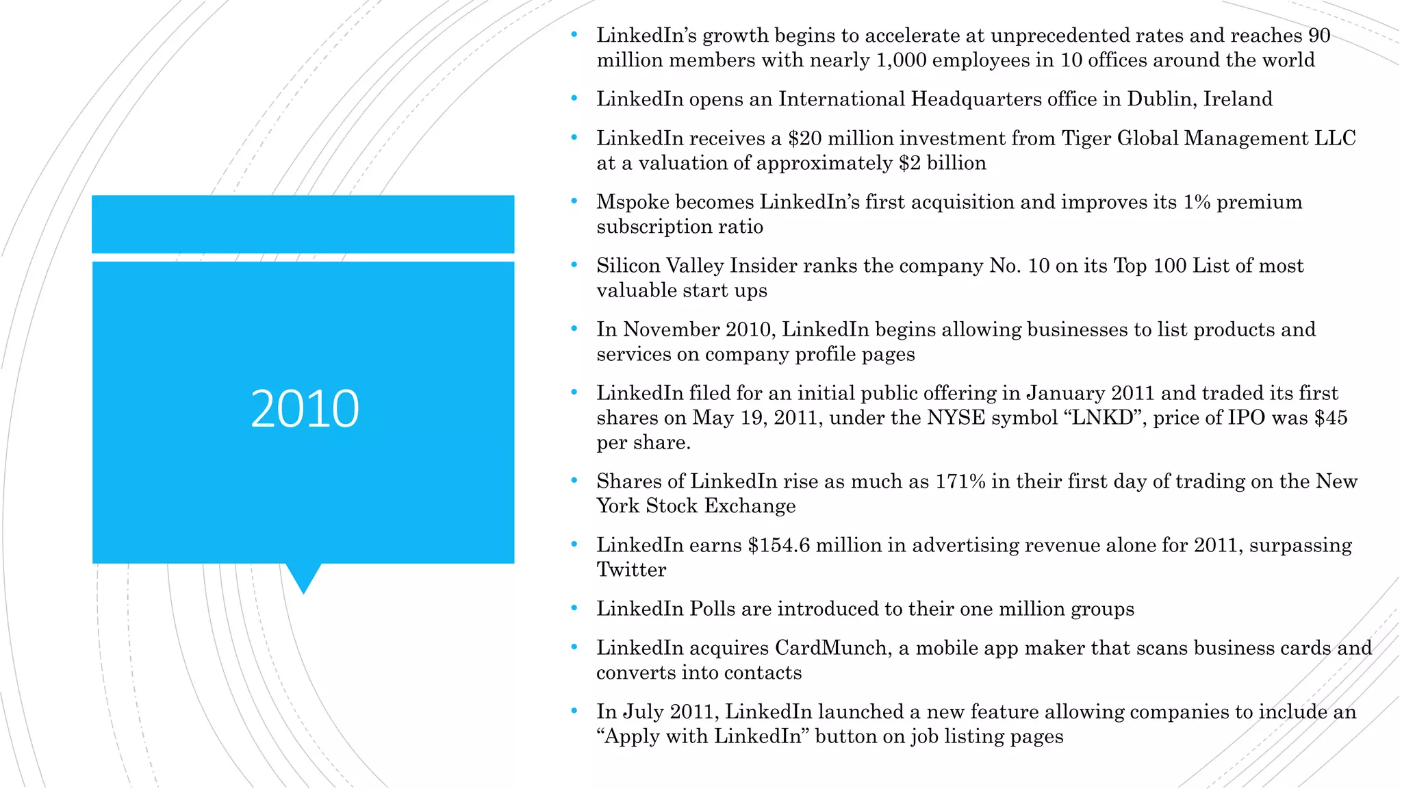 2010
• LinkedIn’s growth begins to accelerate at unprecedented rates and reaches 90
million members with nearly 1,000 employees in 10 offices around the world
• LinkedIn opens an International Headquarters office in Dublin, Ireland
• LinkedIn receives a $20 million investment from Tiger Global Management LLC
at a valuation of approximately $2 billion
• Mspoke becomes LinkedIn’s first acquisition and improves its 1% premium
subscription ratio
• Silicon Valley Insider ranks the company No. 10 on its Top 100 List of most
valuable start ups
• In November 2010, LinkedIn begins allowing businesses to list products and
services on company profile pages
• LinkedIn filed for an initial public offering in January 2011 and traded its first
shares on May 19, 2011, under the NYSE symbol “LNKD”, price of IPO was $45
per share.
• Shares of LinkedIn rise as much as 171% in their first day of trading on the New
York Stock Exchange
• LinkedIn earns $154.6 million in advertising revenue alone for 2011, surpassing
Twitter
• LinkedIn Polls are introduced to their one million groups
• LinkedIn acquires CardMunch, a mobile app maker that scans business cards and
converts into contacts
• In July 2011, LinkedIn launched a new feature allowing companies to include an
“Apply with LinkedIn” button on job listing pages
 