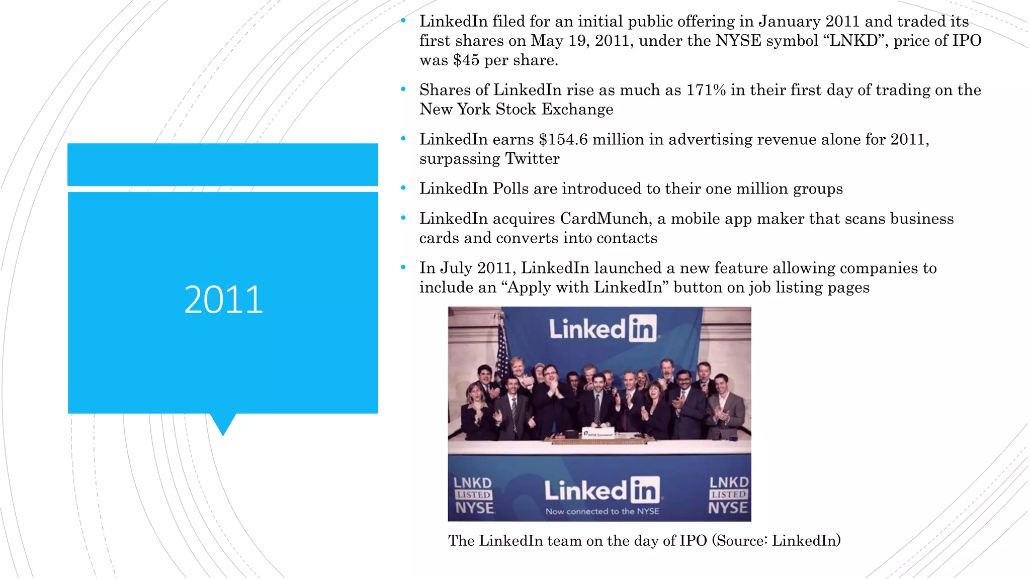 2011
• LinkedIn filed for an initial public offering in January 2011 and traded its
first shares on May 19, 2011, under the NYSE symbol “LNKD”, price of IPO
was $45 per share.
• Shares of LinkedIn rise as much as 171% in their first day of trading on the
New York Stock Exchange
• LinkedIn earns $154.6 million in advertising revenue alone for 2011,
surpassing Twitter
• LinkedIn Polls are introduced to their one million groups
• LinkedIn acquires CardMunch, a mobile app maker that scans business
cards and converts into contacts
• In July 2011, LinkedIn launched a new feature allowing companies to
include an “Apply with LinkedIn” button on job listing pages
The LinkedIn team on the day of IPO (Source: LinkedIn)
 