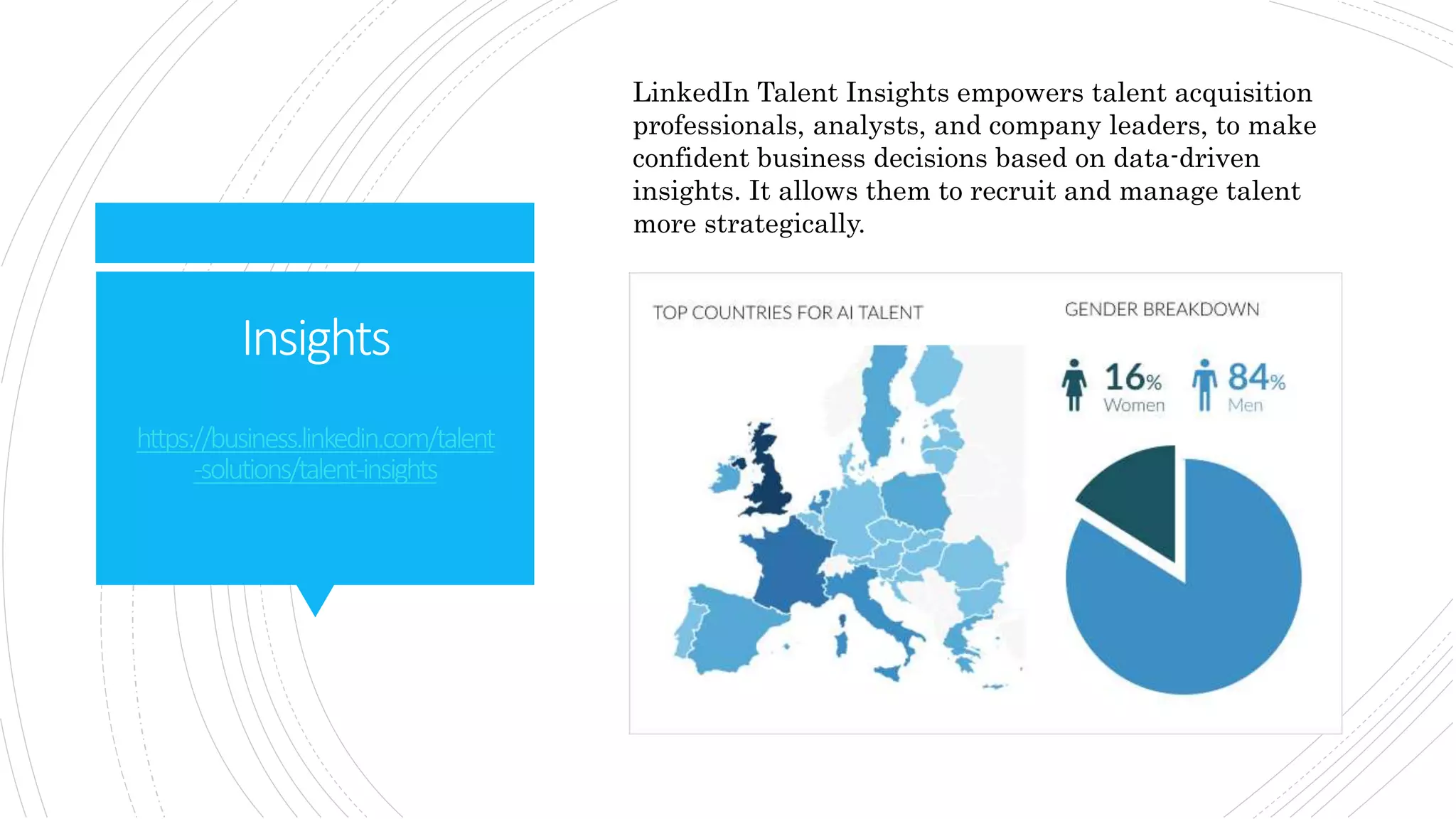 Insights
https://business.linkedin.com/talent
-solutions/talent-insights
LinkedIn Talent Insights empowers talent acquisition
professionals, analysts, and company leaders, to make
confident business decisions based on data-driven
insights. It allows them to recruit and manage talent
more strategically.
 