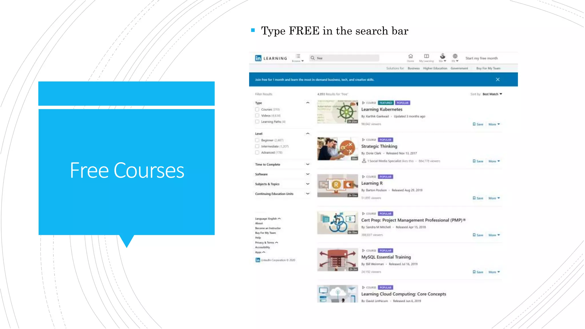 FreeCourses
 Type FREE in the search bar
 