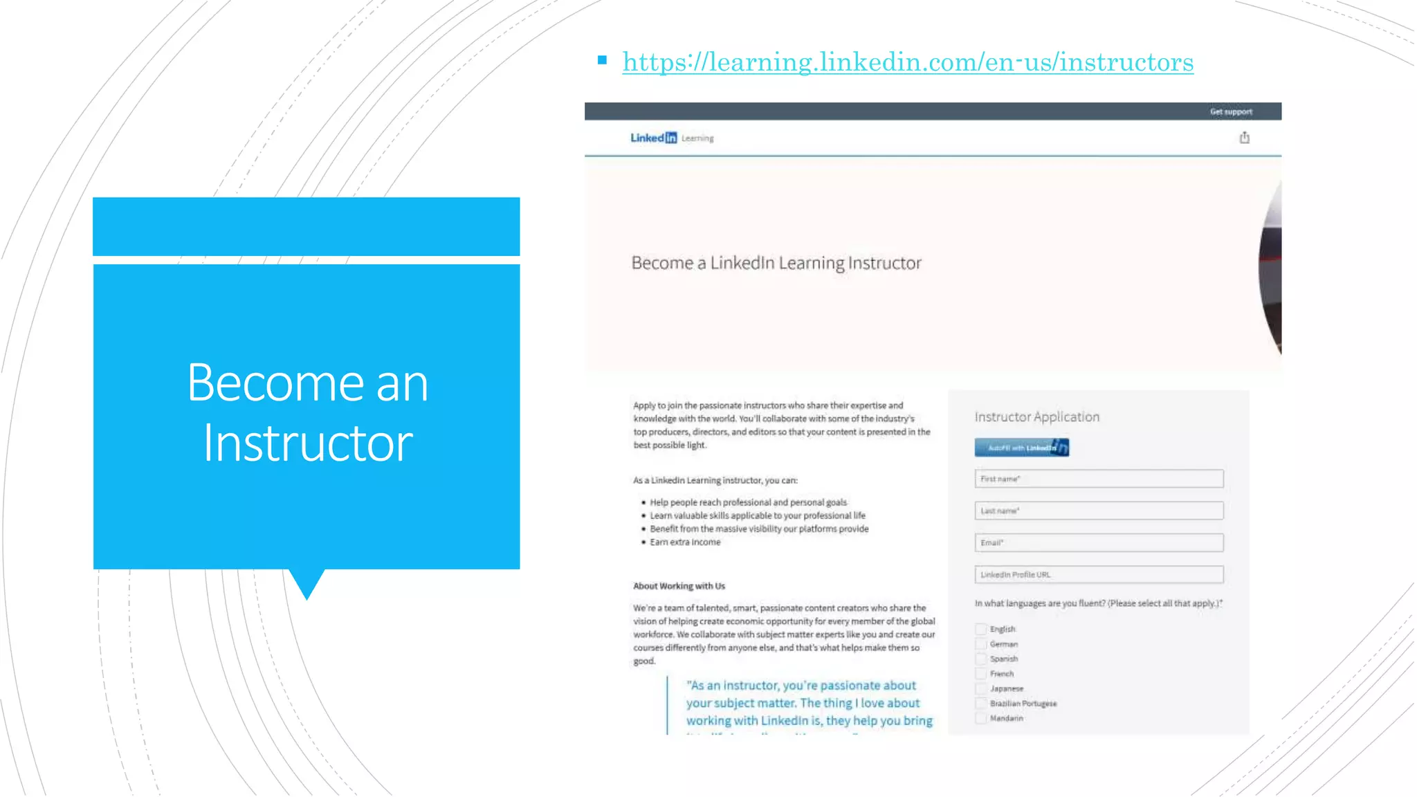 Becomean
Instructor
 https://learning.linkedin.com/en-us/instructors
 