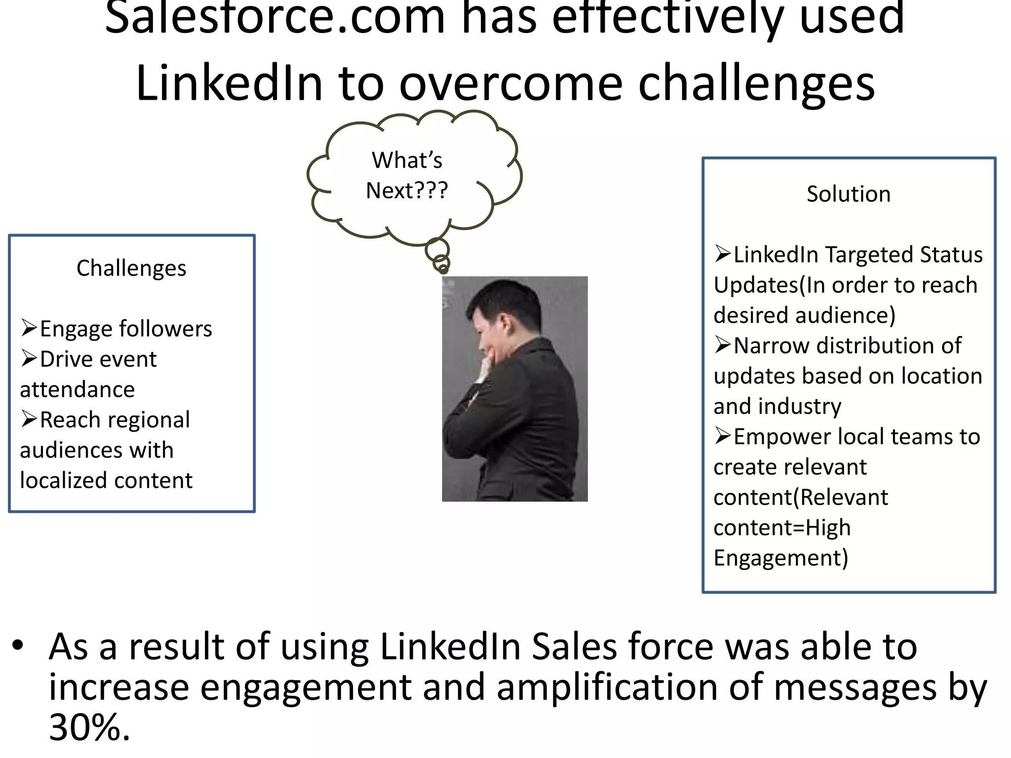 Salesforce.com has effectively used
LinkedIn to overcome challenges
• As a result of using LinkedIn Sales force was able to
increase engagement and amplification of messages by
30%.
Challenges
Engage followers
Drive event
attendance
Reach regional
audiences with
localized content
What’s
Next??? Solution
LinkedIn Targeted Status
Updates(In order to reach
desired audience)
Narrow distribution of
updates based on location
and industry
Empower local teams to
create relevant
content(Relevant
content=High
Engagement)
 