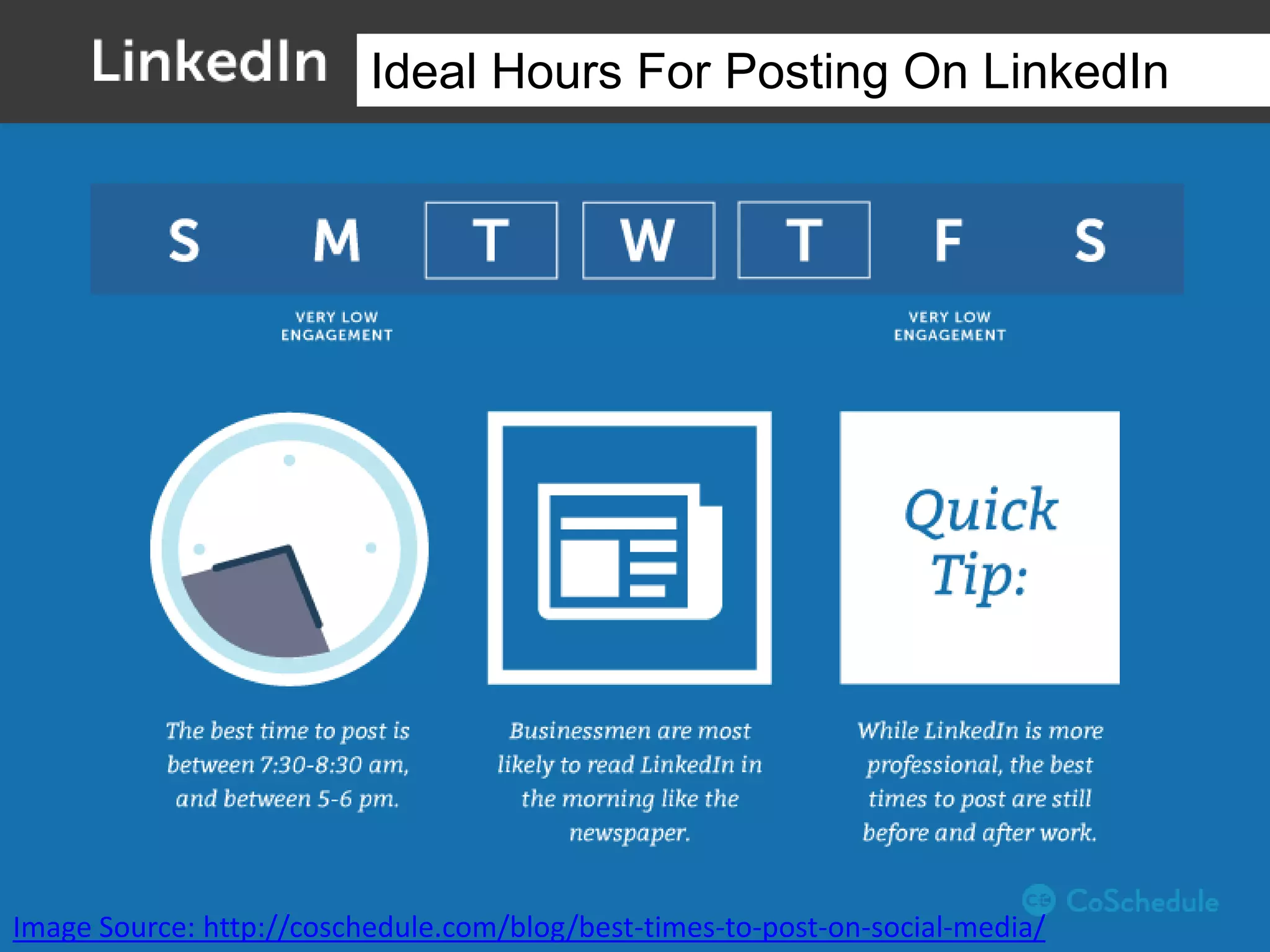 Ideal Hours For Posting On LinkedIn
Image Source: http://coschedule.com/blog/best-times-to-post-on-social-media/
 