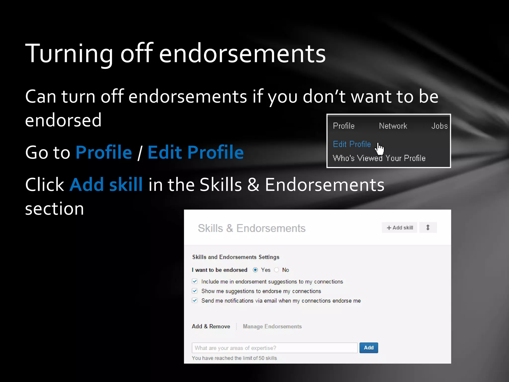 Making connections
Start by searching for colleagues/project
partners
Use the ‘People you may know’ feature
Can upload your contacts list (use with care!)
◦ LinkedIn will tell you if they are members
◦ You can choose to send invitations to selected
individuals (LinkedIn automatically selects
contacts for you; if you don’t want to invite
everyone, make sure you deselect the “Select All”
option)
 