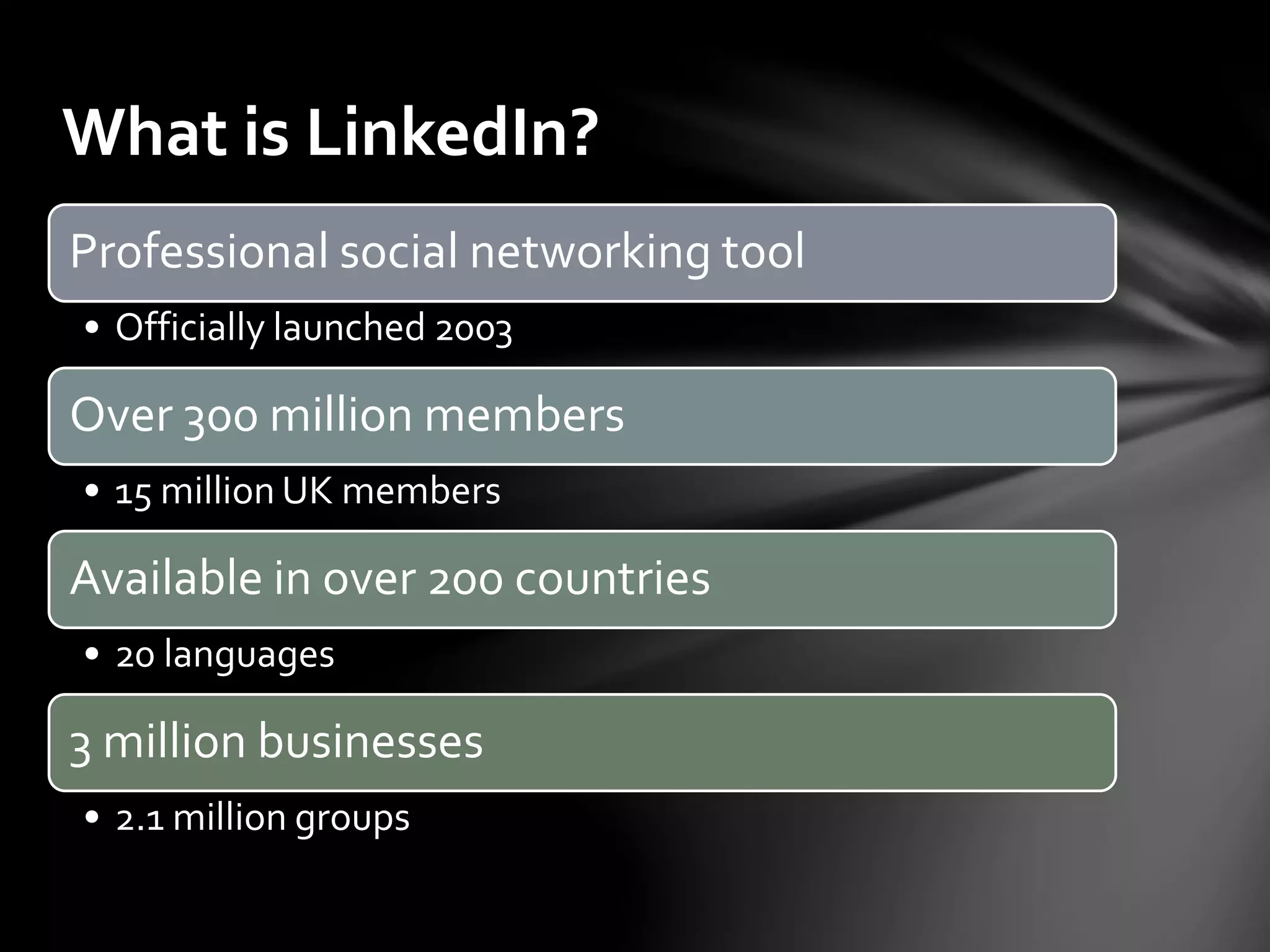 Why would I want to use it?
To find a new job
To stay in touch with past colleagues
To research companies/industries
To network with other professionals
To collaborate on projects
To introduce students to networking
To enhance your online profile
 