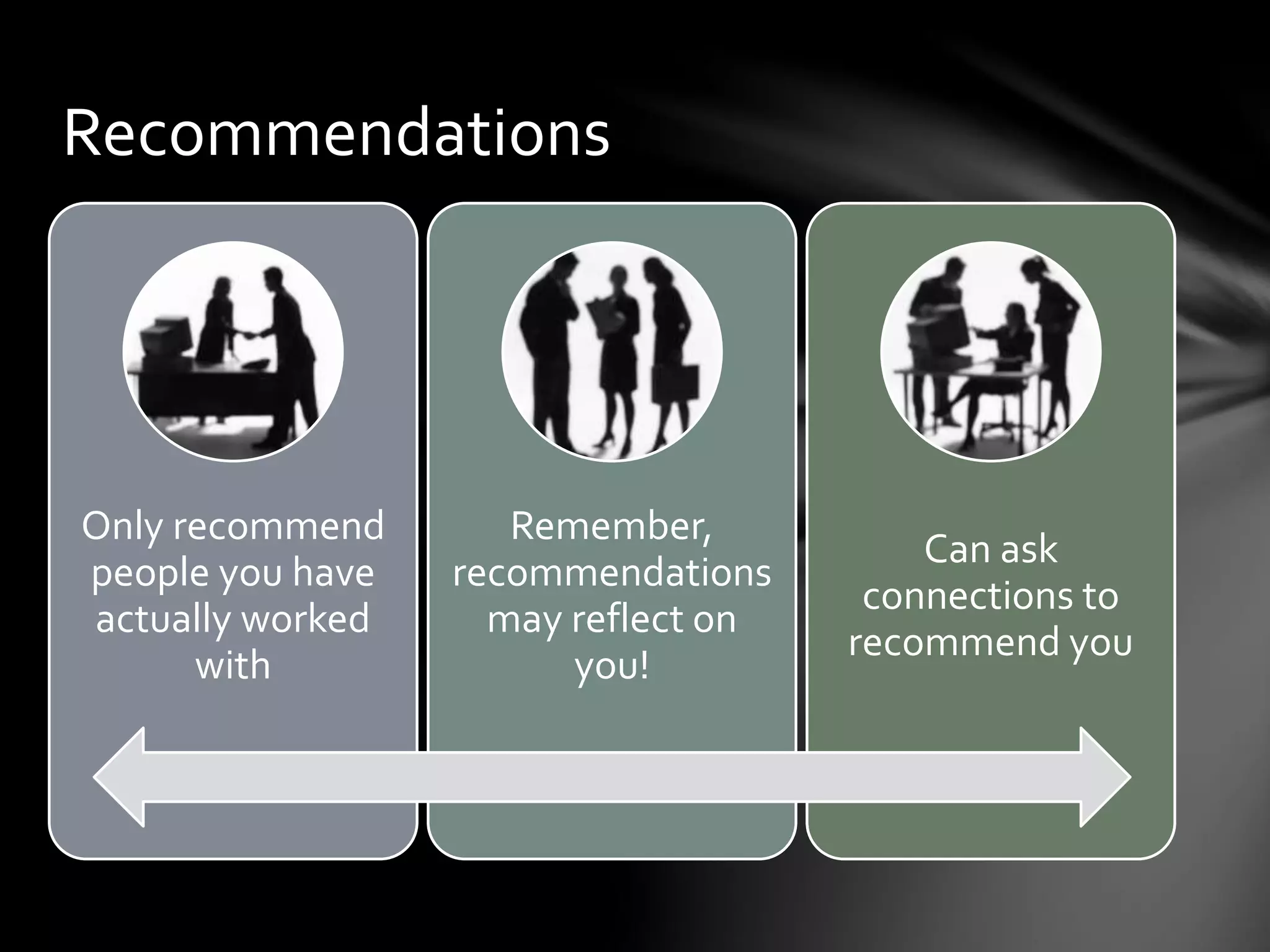 Recommendations
Only recommend
people you have
actually worked
with
Remember,
recommendations
may reflect on
you!
Can ask
connections to
recommend you
 