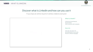 ahmedbarkhia.co
4
VIDEO - WHAT IS LINKEDIN
Discover what is LinkedIn and how can you use it
If you have an online resume it will be visible to everyone
What is LinkedIn?
Professional Social Network
Resume Online
Direct connection with companies
More info
Add video, document, link
Get endorsement for your skills
Resume in different languages
 