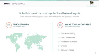 ahmedbarkhia.co
5
MAPS - SOME DETAILS
LinkedIn is one of the most popular Social Networking site
Share personal knowledge about your area of expertise and grow your network
 WHOLE WORLD
over 347 million users
Online Recruiting
Gold Connections
Professional articles
Groups
Company Pages
 WHAT YOU CAN DO THERE
Put yourself in the Blue Ocean
 