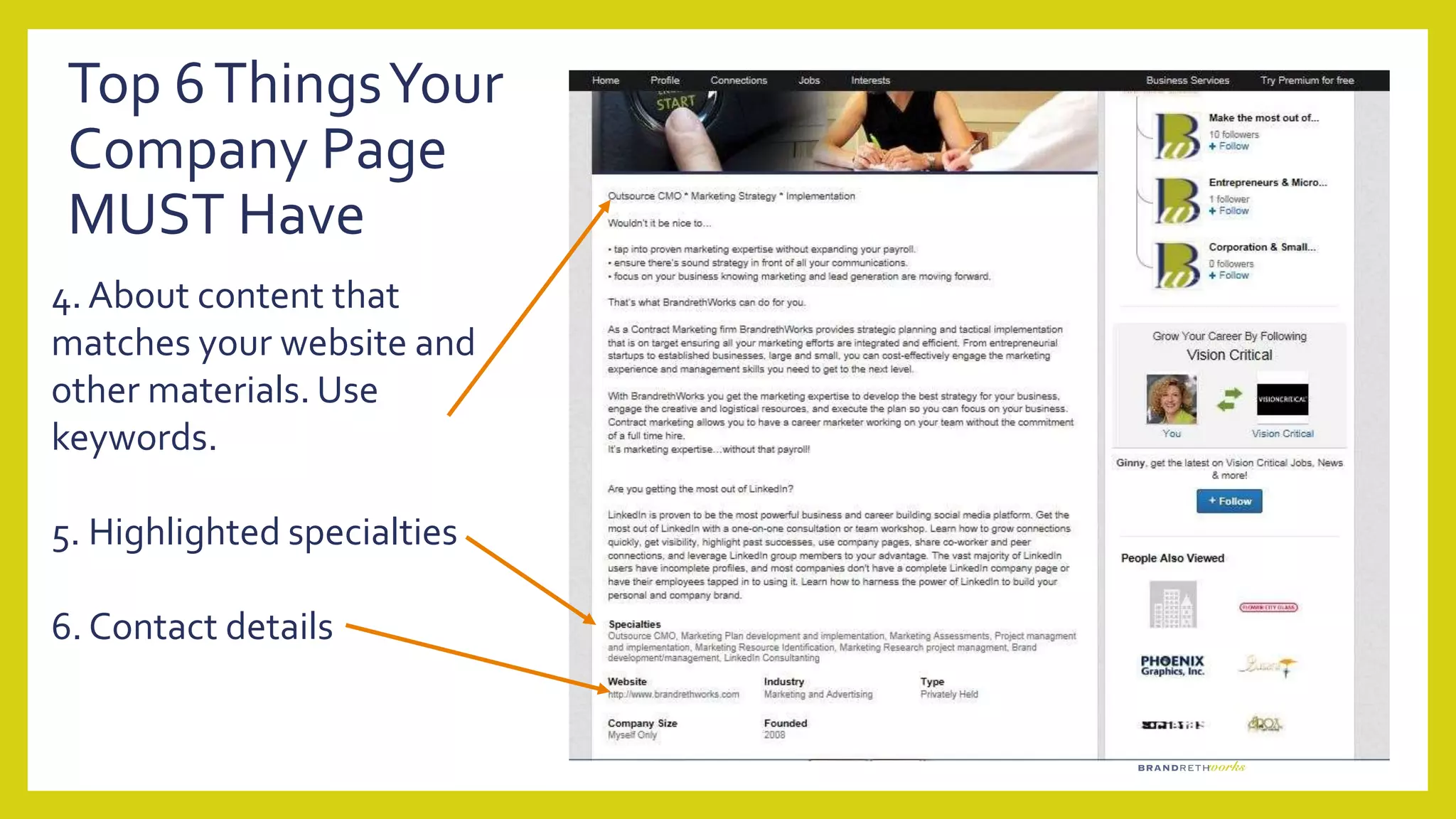 4. About content that
matches your website and
other materials. Use
keywords.
5. Highlighted specialties
6. Contact details
Top 6ThingsYour
Company Page
MUST Have
 