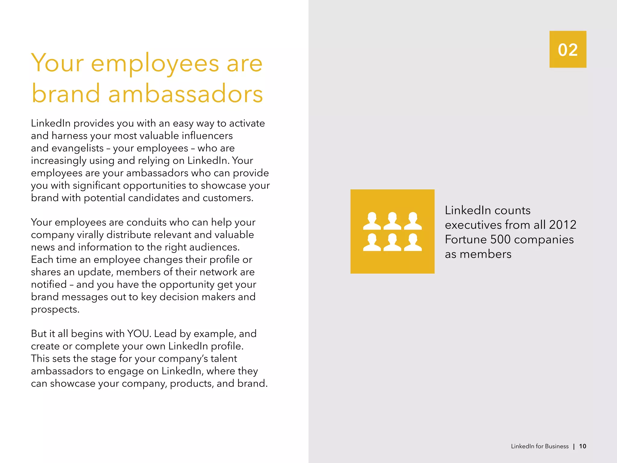 02
LinkedIn counts
executives from all 2012
Fortune 500 companies
as members
Your employees are
brand ambassadors
LinkedIn provides you with an easy way to activate
and harness your most valuable influencers
and evangelists – your employees – who are
increasingly using and relying on LinkedIn. Your
employees are your ambassadors who can provide
you with significant opportunities to showcase your
brand with potential candidates and customers.
Your employees are conduits who can help your
company virally distribute relevant and valuable
news and information to the right audiences.
Each time an employee changes their profile or
shares an update, members of their network are
notified – and you have the opportunity get your
brand messages out to key decision makers and
prospects.
But it all begins with YOU. Lead by example, and
create or complete your own LinkedIn profile.
This sets the stage for your company’s talent
ambassadors to engage on LinkedIn, where they
can showcase your company, products, and brand.
LinkedIn for Business | 10
 