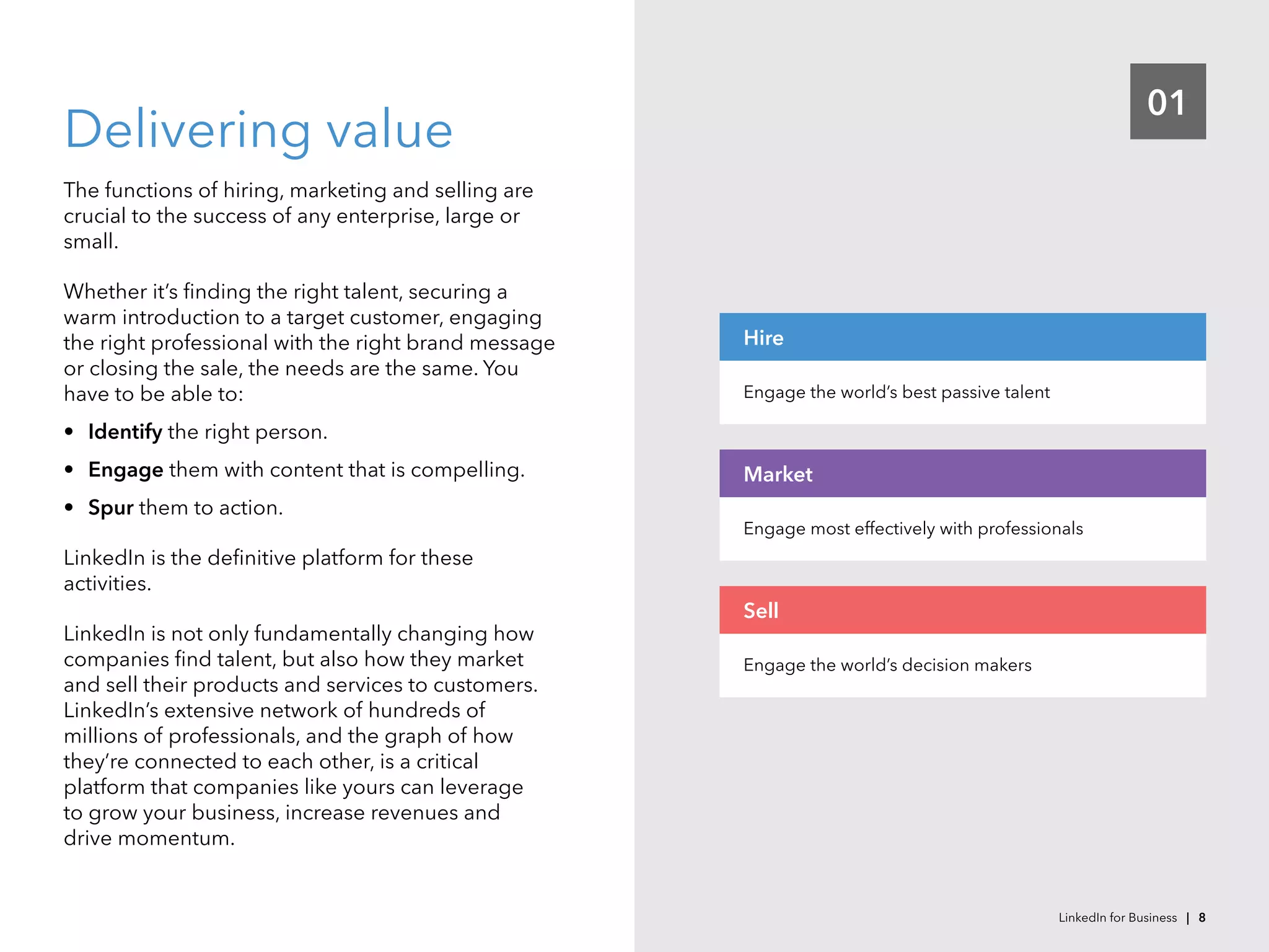 01
Delivering value
The functions of hiring, marketing and selling are
crucial to the success of any enterprise, large or
small.
Whether it’s finding the right talent, securing a
warm introduction to a target customer, engaging
the right professional with the right brand message
or closing the sale, the needs are the same. You
have to be able to:
•	 Identify the right person.
•	 Engage them with content that is compelling.
•	 Spur them to action.
LinkedIn is the definitive platform for these
activities.
LinkedIn is not only fundamentally changing how
companies find talent, but also how they market
and sell their products and services to customers.
LinkedIn’s extensive network of hundreds of
millions of professionals, and the graph of how
they’re connected to each other, is a critical
platform that companies like yours can leverage
to grow your business, increase revenues and
drive momentum.
Engage the world’s best passive talent
Hire
Engage most effectively with professionals
Market
Engage the world’s decision makers
Sell
LinkedIn for Business | 8
 